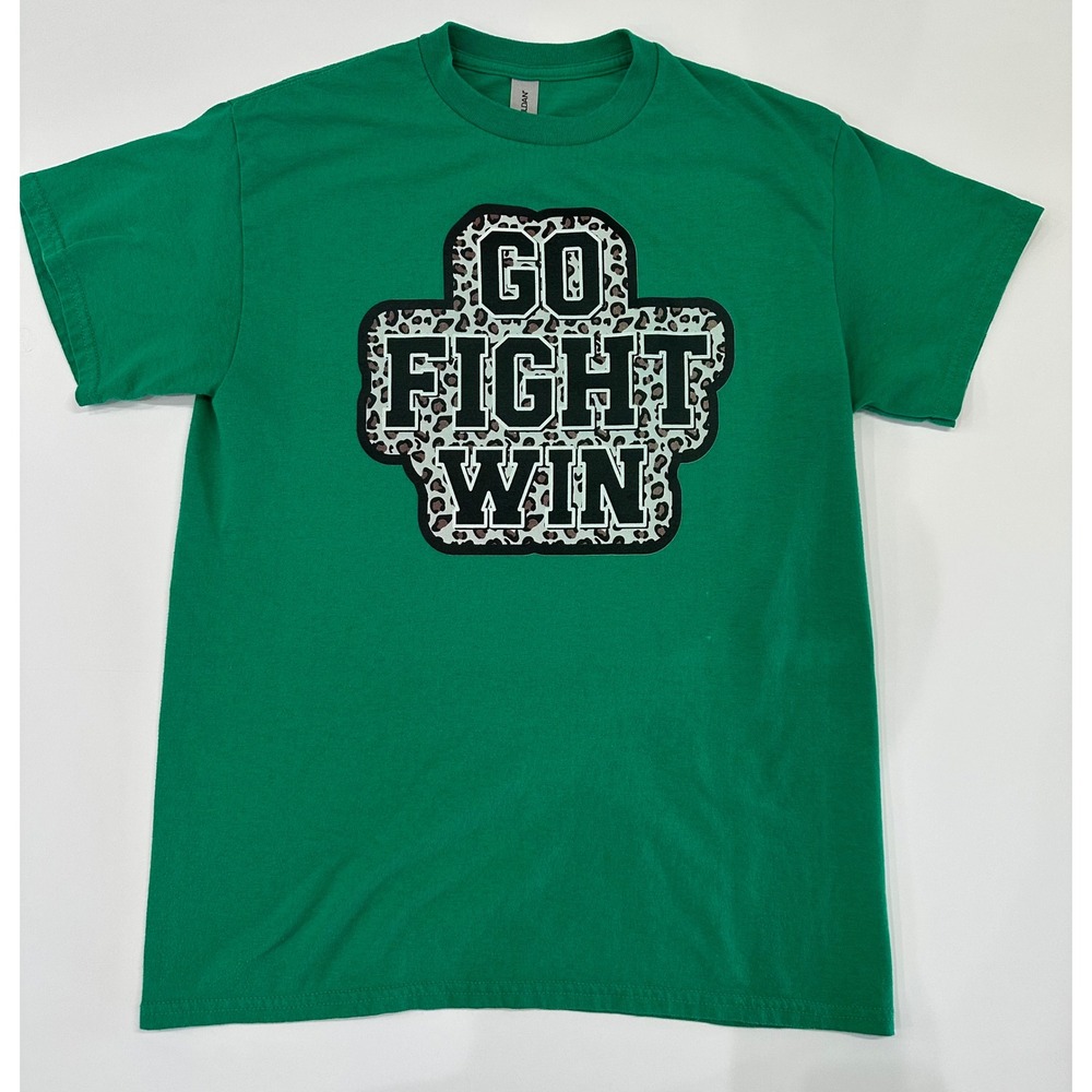 Gildan Go Fight Win Green Leopard Print Graphic T-Shirt Medium Spirit Wear